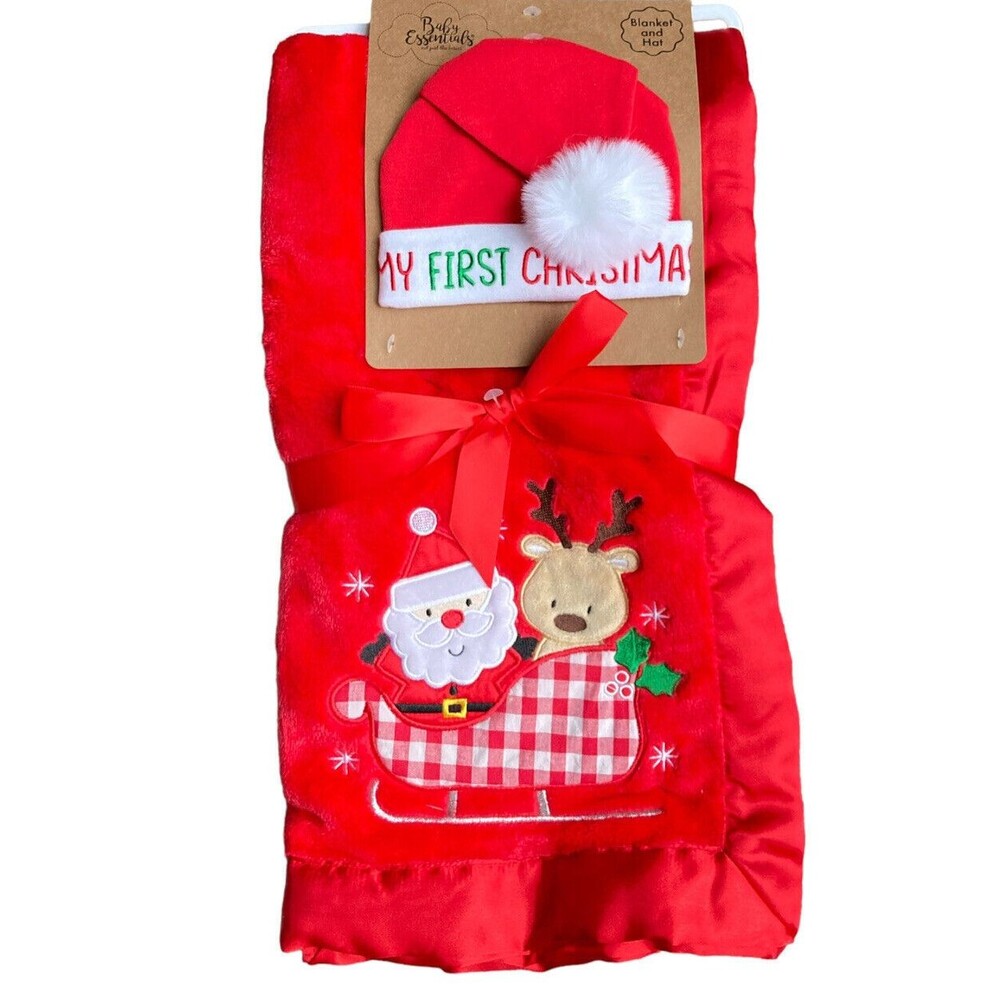 Baby's First Christmas Red Santa & Reindeer Baby Blanket and Santa Hat for Photo